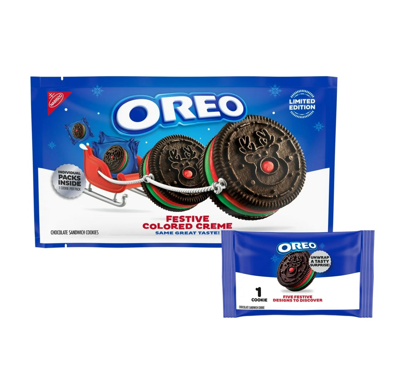 OREO Red and Green Festive Creme Chocolate Sandwich Cookies, Holiday Cookies, 14 Snack Individual packs